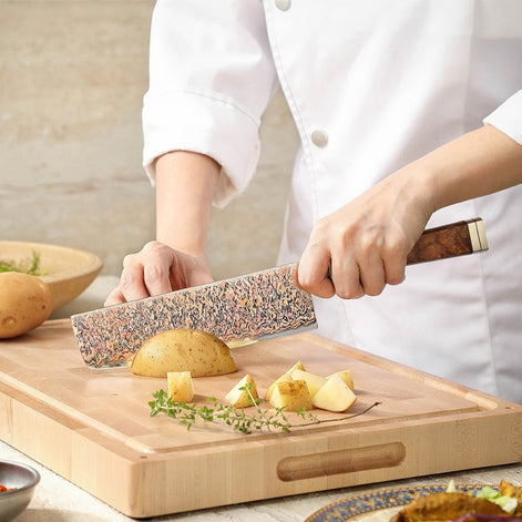 Ji Series Nakiri Knife 53-Layer Tricolour Copper Damascus Steel