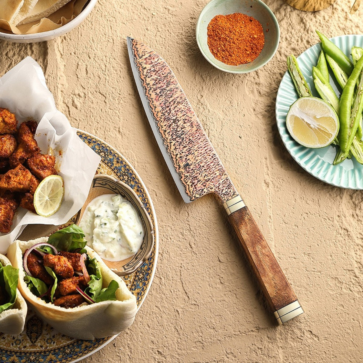 Ji Series Santoku Knife 53-Layer Tricolour Copper Damascus Steel