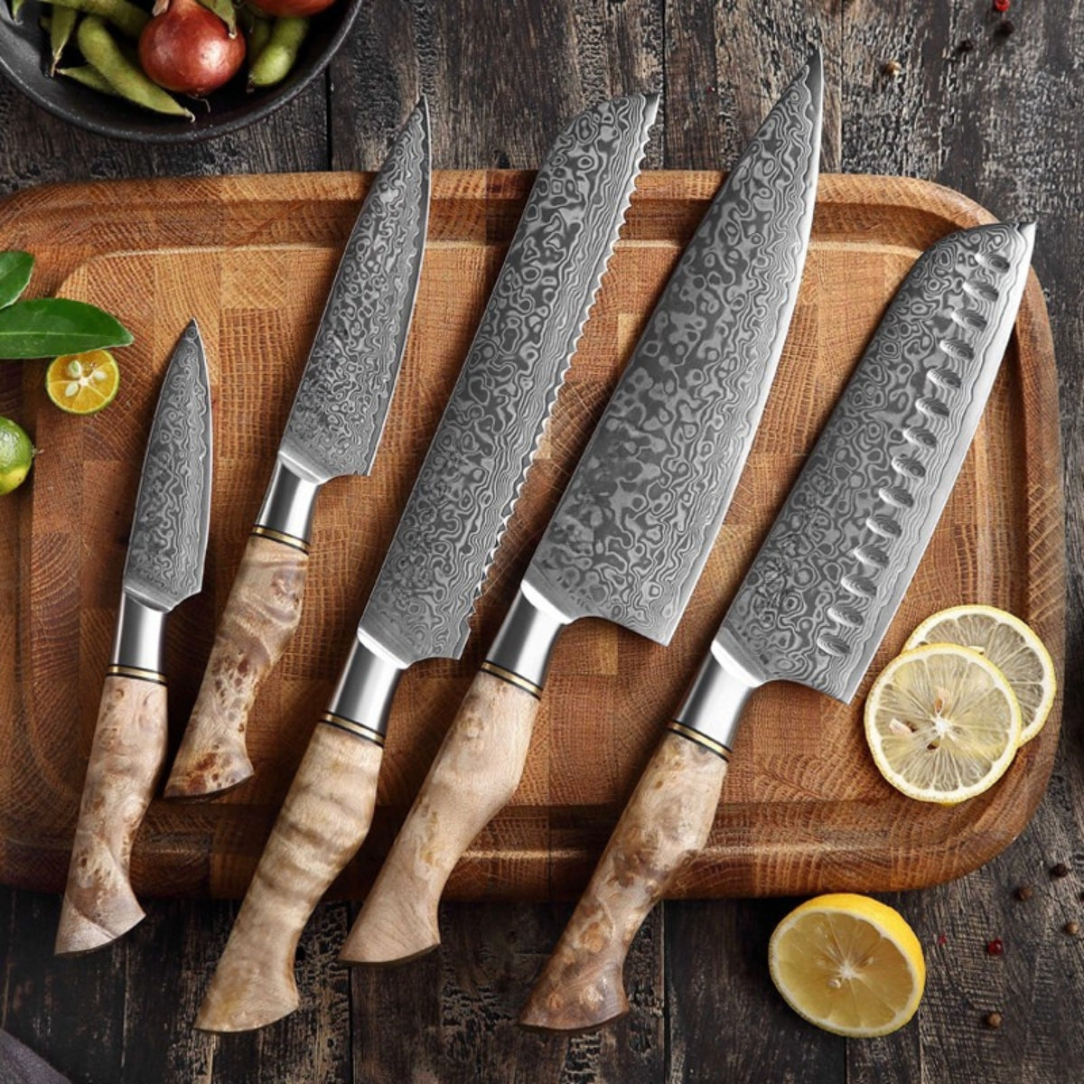 Premium 7-Piece Damascus Steel Knives Set with Acacia Wood Block