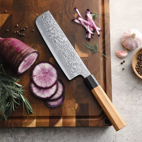 Nakiri Knife in 67-Layer Damascus Steel with Olive Wood and Buffalo Horn Handle