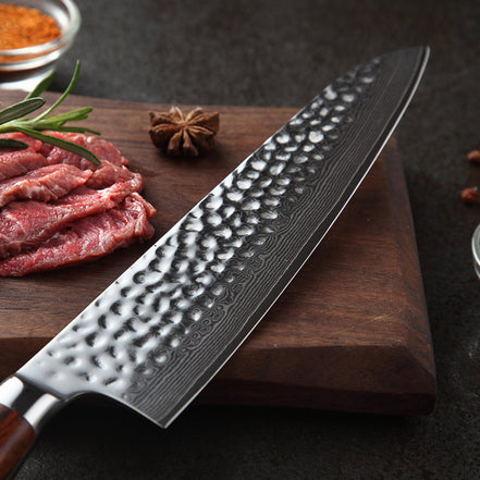 Chef Knife 215 mm — Hammered Damascus Lamination | Controlled Everyday Performance