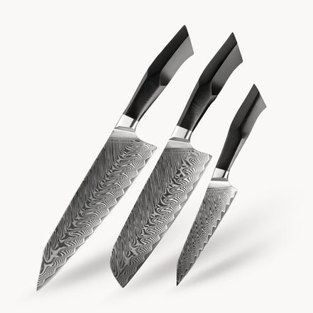 Three-Knife Set — Damascus Construction | Structured Kitchen Workflow
