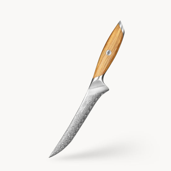 7″ Filleting Knife in 73-Layer Damascus Steel with Olive Wood Handle