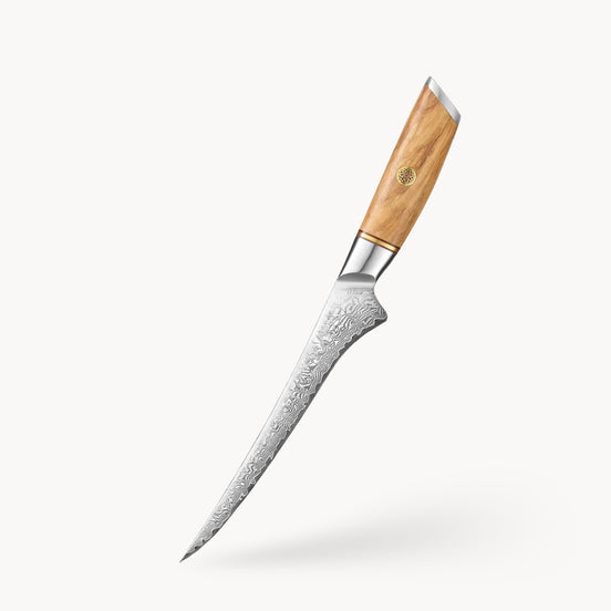 7″ Filleting Knife in Damascus Steel with Olive Wood Handle