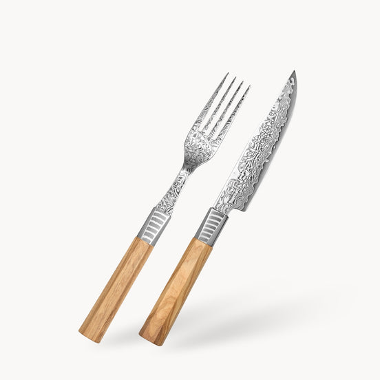 2-Piece Carving Fork and Knife Set in 67-Layer Damascus Steel with Olive Wood Handle