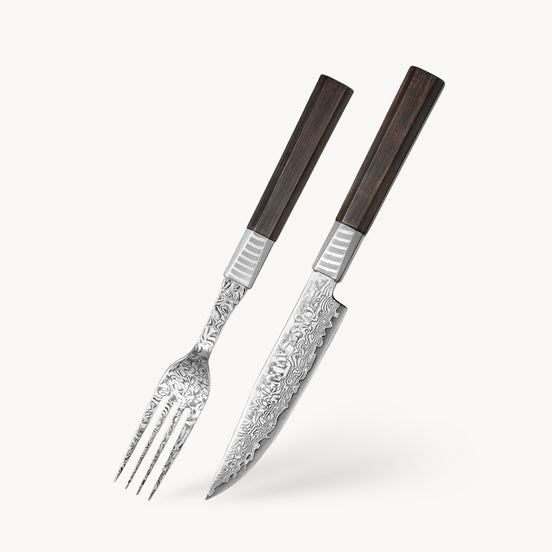 2-Piece 67-Layer Damascus Steak Knife and Fork Set with Ebony Wood Handle
