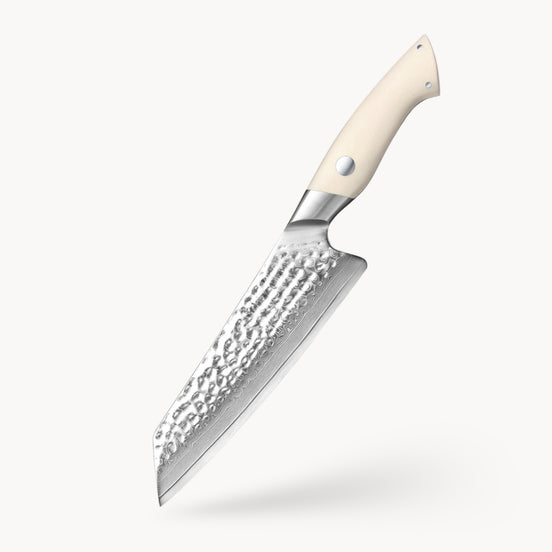 Santoku Knife in Damascus Steel with White G10 Handle