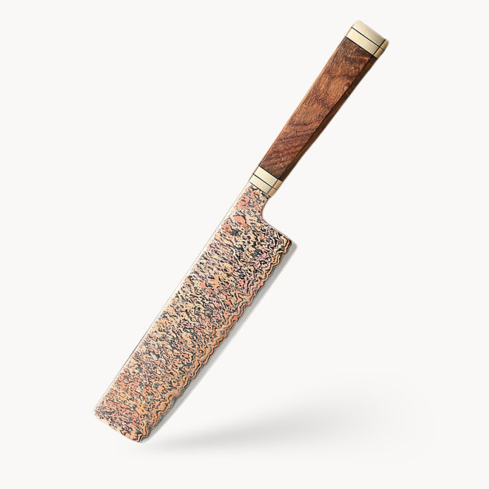 Ji Series Nakiri Knife 53-Layer Tricolour Copper Damascus Steel