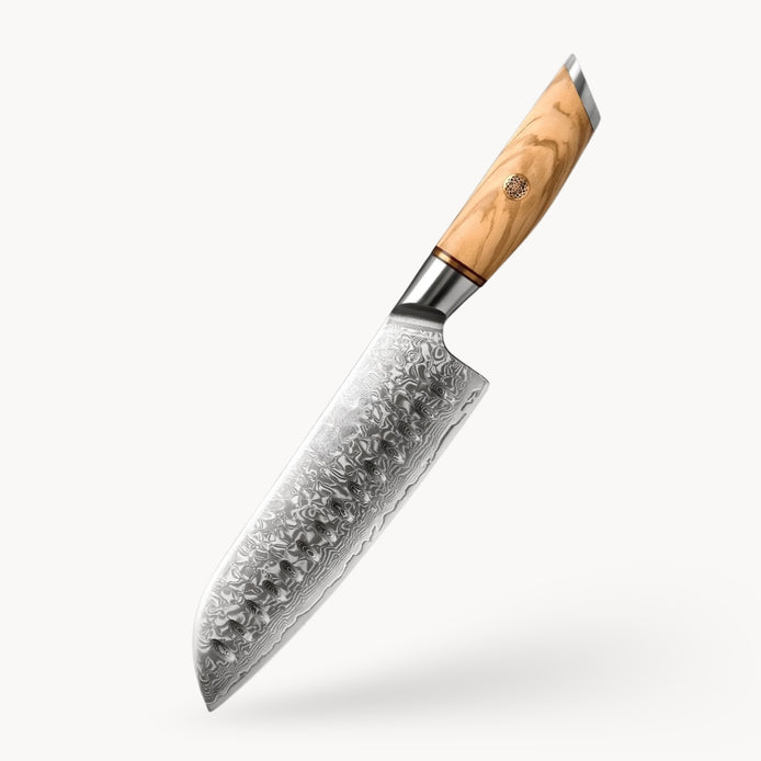 7" Santoku Knife in Damascus Steel with 14Cr14MoVNb Core and Olive Wood Handle