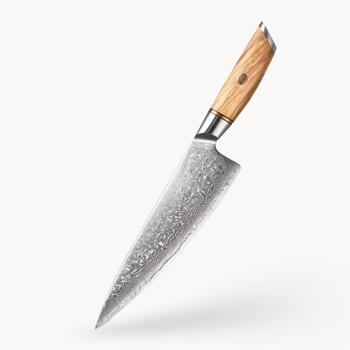 8.5″ Chef Knife in 73-Layer Damascus Steel with Olive Wood Handle
