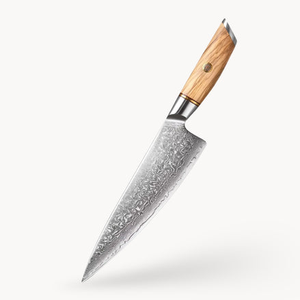 8.5″ Chef Knife in 73-Layer Damascus Steel with Olive Wood Handle
