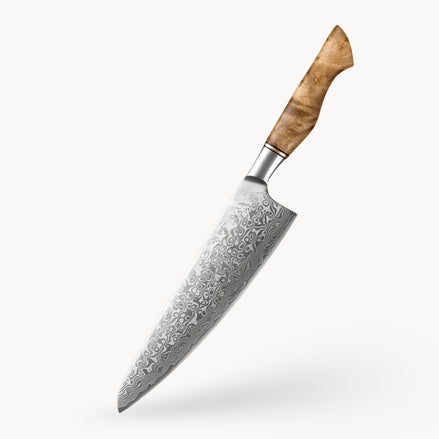 Chef’s Knife in 67-Layer Damascus Steel with 10Cr15CoMoV Core and Figured Sycamore Handle