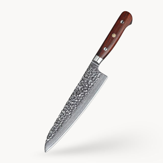 Chef Knife 215 mm — Hammered Damascus Lamination | Controlled Everyday Performance
