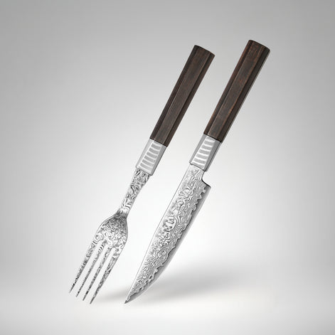 2-Piece 67-Layer Damascus Steak Knife and Fork Set with Ebony Wood Handle