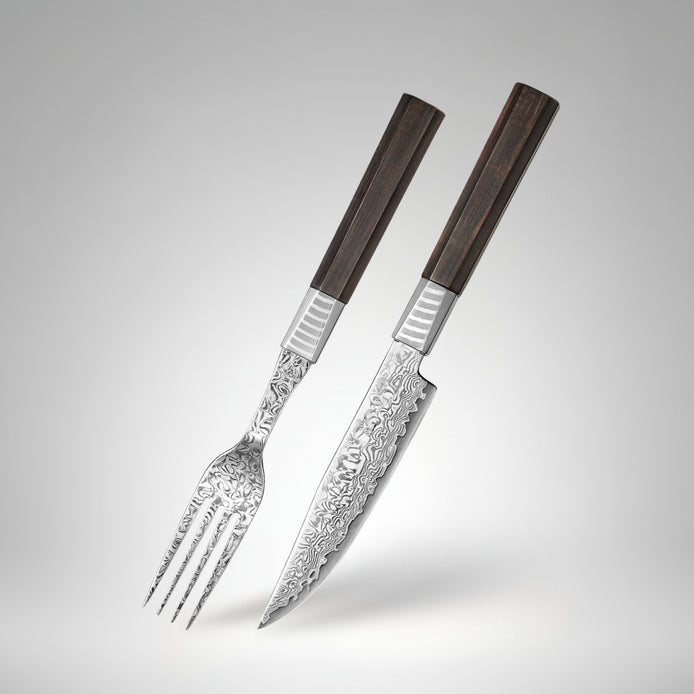 2-Piece 67-Layer Damascus Steak Knife and Fork Set with Ebony Wood Handle
