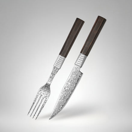 2-Piece 67-Layer Damascus Steak Knife and Fork Set with Ebony Wood Handle