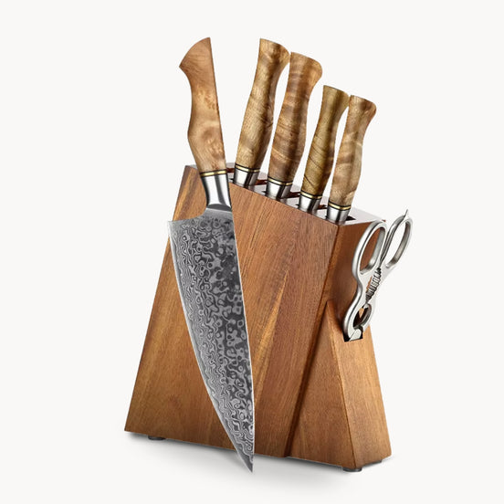 Premium 7-Piece Damascus Steel Knives Set with Acacia Wood Block