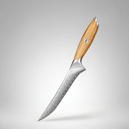 7″ Filleting Knife in 73-Layer Damascus Steel with Olive Wood Handle