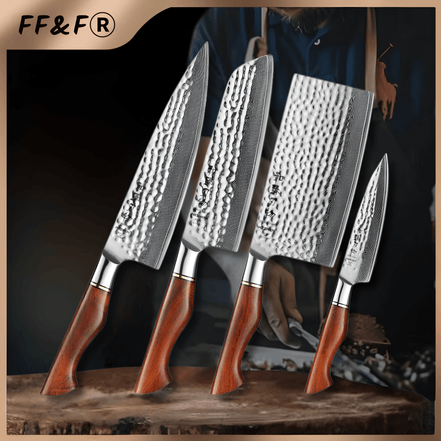 Conjunto de Facas de Cozinha em Aço Damasco 73 Camadas com Suporte Magnético - Forja Fogo&Faca