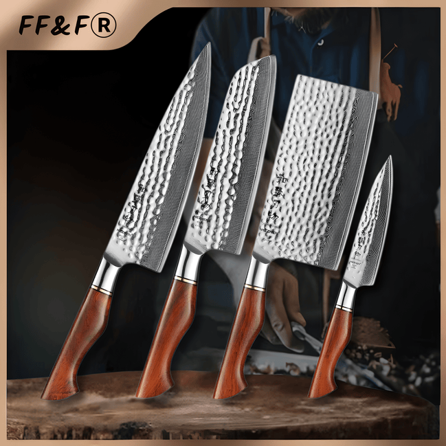 Conjunto de Facas de Cozinha em Aço Damasco 73 Camadas com Suporte Magnético - Forja Fogo&Faca