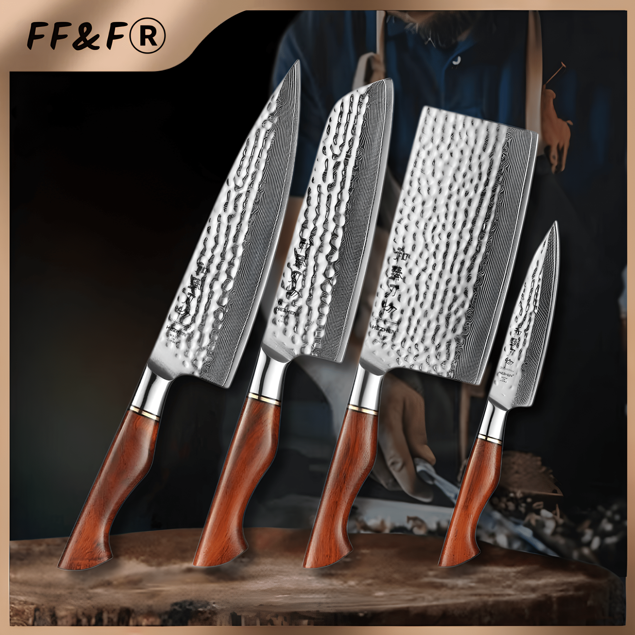 Conjunto de Facas de Cozinha em Aço Damasco 73 Camadas com Suporte Magnético - Forja Fogo&Faca