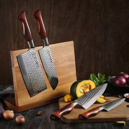 Conjunto de Facas de Cozinha em Aço Damasco 73 Camadas com Suporte Magnético - Forja Fogo&Faca