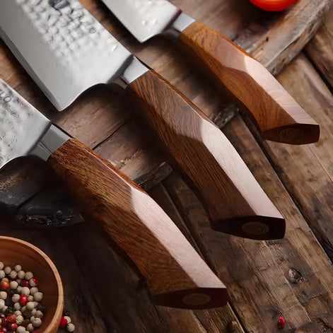 Conjunto de Facas de Cozinha em Aço Damasco com Núcleo SRS13 - Forja Fogo&Faca