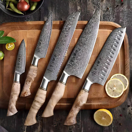 Conjunto Premium 7 Peças em Aço Damasco com Tesoura e Bloco de Madeira de Acácia - Forja Fogo&Faca