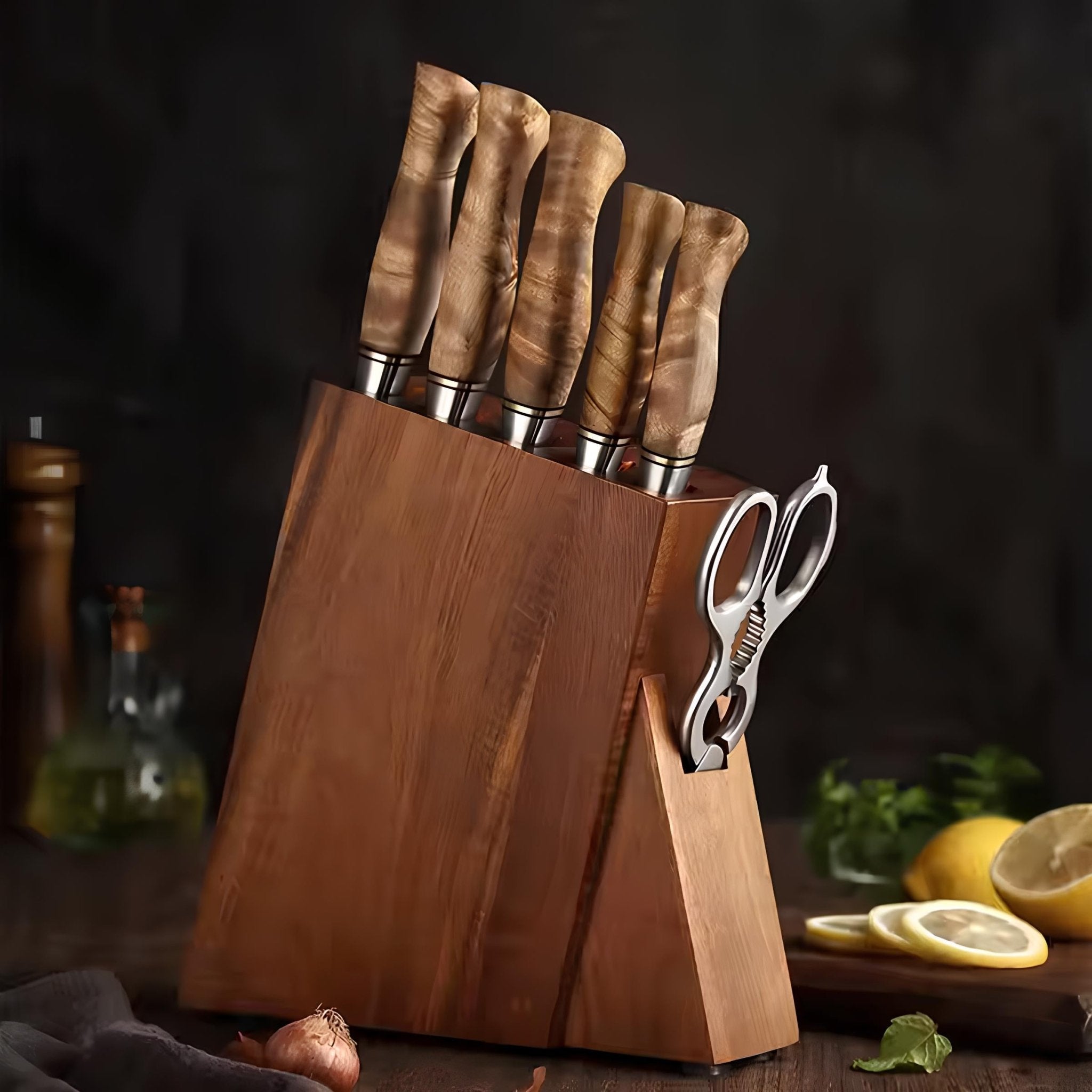 Conjunto Premium 7 Peças em Aço Damasco com Tesoura e Bloco de Madeira de Acácia - Forja Fogo&Faca