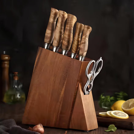 Conjunto Premium 7 Peças em Aço Damasco com Tesoura e Bloco de Madeira de Acácia - Forja Fogo&Faca