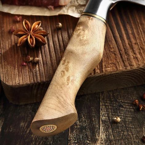 Conjunto Premium 7 Peças em Aço Damasco com Tesoura e Bloco de Madeira de Acácia - Forja Fogo&Faca