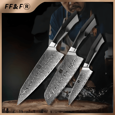 Conjunto Premium de Facas Damasco – Série Feng 3 Peças - Forja Fogo&Faca