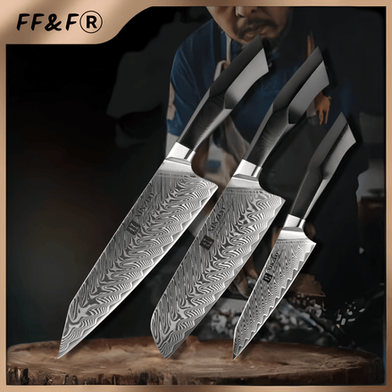 Conjunto Premium de Facas Damasco – Série Feng 3 Peças - Forja Fogo&Faca