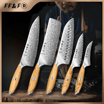 Conjunto Premium de Facas de Cozinha 5 Peças em Aço Damasco de 73 Camadas com Núcleo em Pó e Cabo de Oliveira - Forja Fogo&Faca