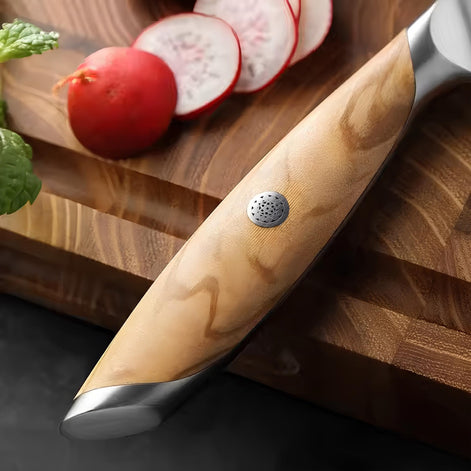 Conjunto Premium de Facas de Cozinha 5 Peças em Aço Damasco de 73 Camadas com Núcleo em Pó e Cabo de Oliveira - Forja Fogo&Faca