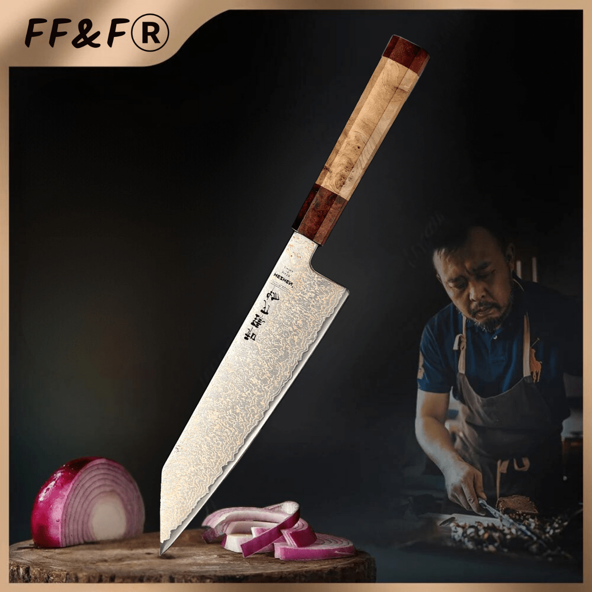 Faca Bunka 8,3″ em Aço Damasco 37 Camadas Tricolor - Forja Fogo&Faca