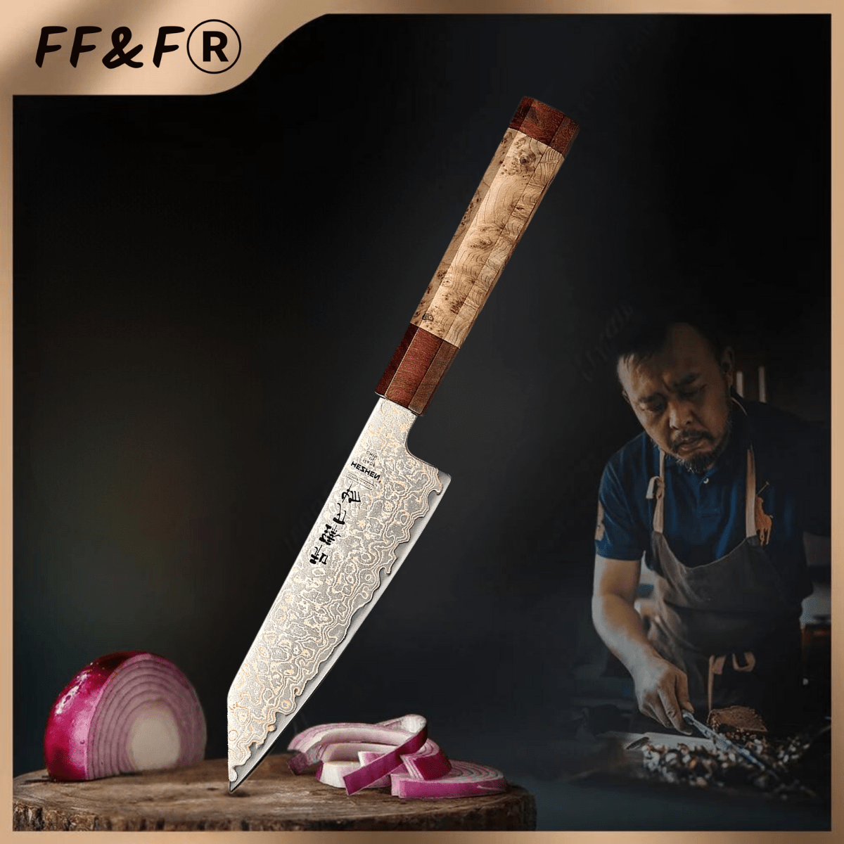 Faca Bunka de 6,5” – Aço Damasco 37 Camadas com Cobre Tricolor - Forja Fogo&Faca