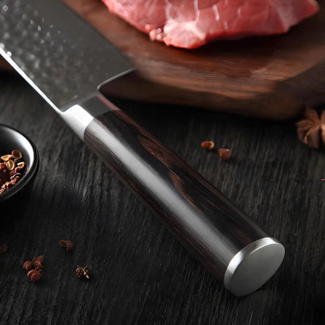 Faca Chef Profissional em Aço Damasco 67 Camadas com Cabo de Madeira Pakka - Forja Fogo&Faca