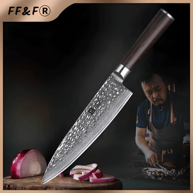 Faca Chef Profissional em Aço Damasco 67 Camadas com Cabo de Madeira Pakka - Forja Fogo&Faca