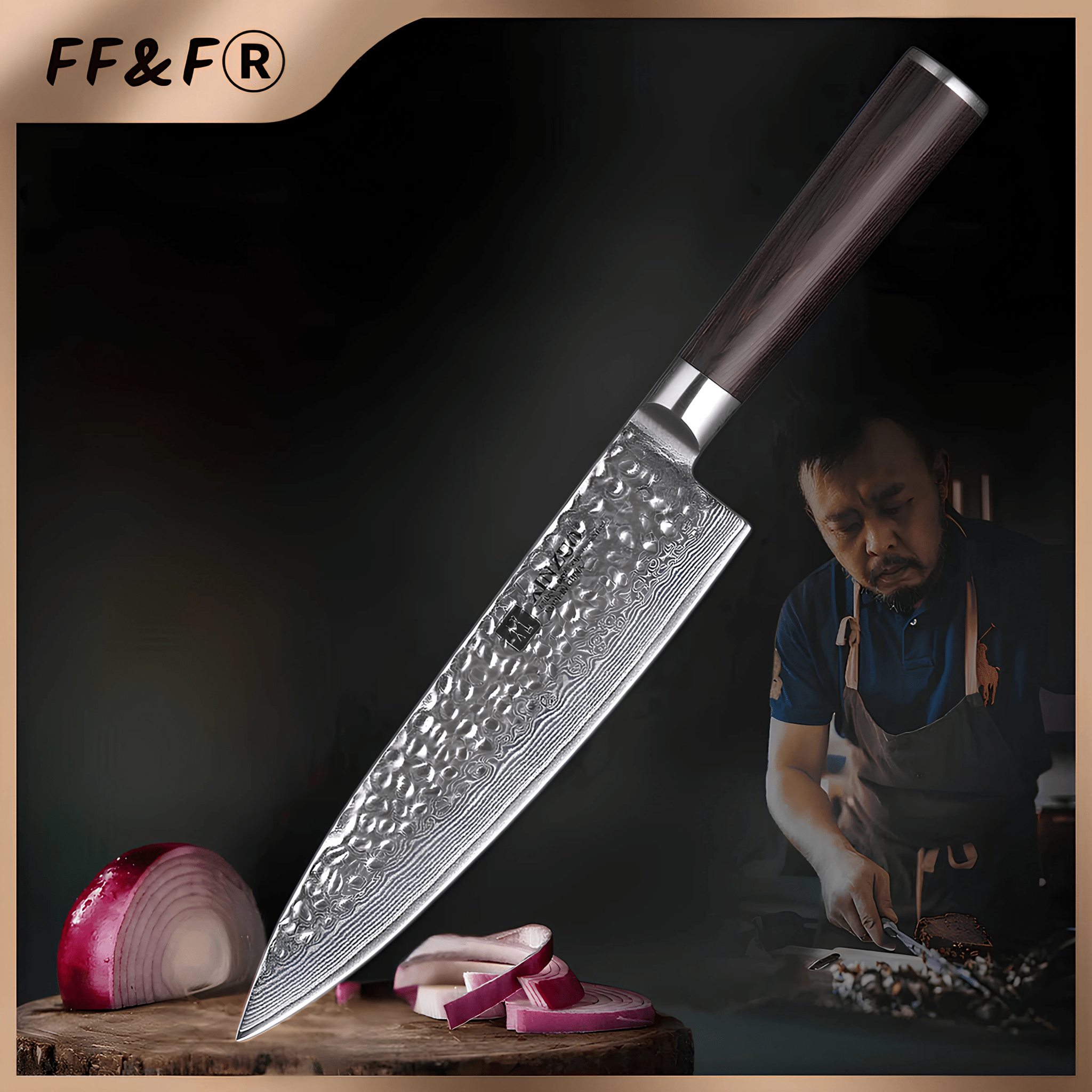 Faca Chef Profissional em Aço Damasco 67 Camadas com Cabo de Madeira Pakka - Forja Fogo&Faca