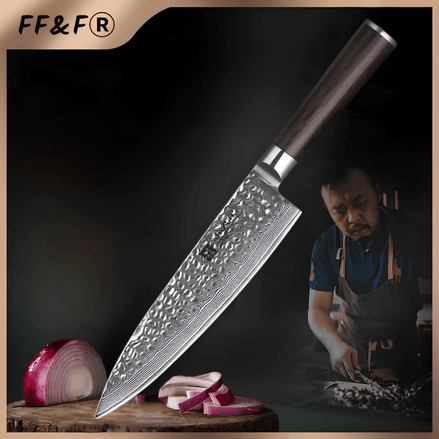 Faca Chef Profissional em Aço Damasco 67 Camadas com Cabo de Madeira Pakka - Forja Fogo&Faca