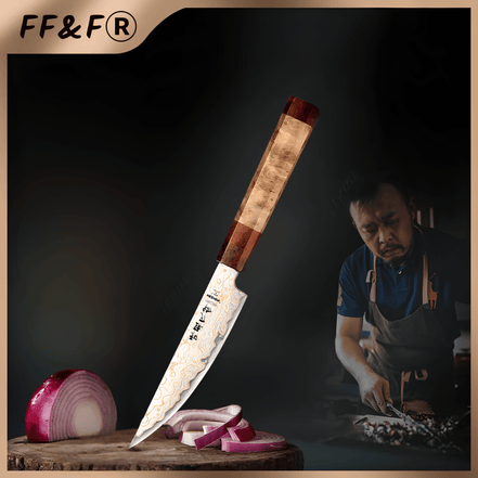 Faca de Carne de 5,5" em Aço Damasco de Cobre Tricolor - Forja Fogo&Faca