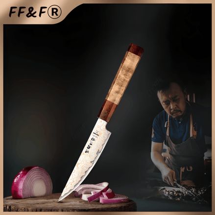 Faca de Carne de 5,5" em Aço Damasco de Cobre Tricolor - Forja Fogo&Faca