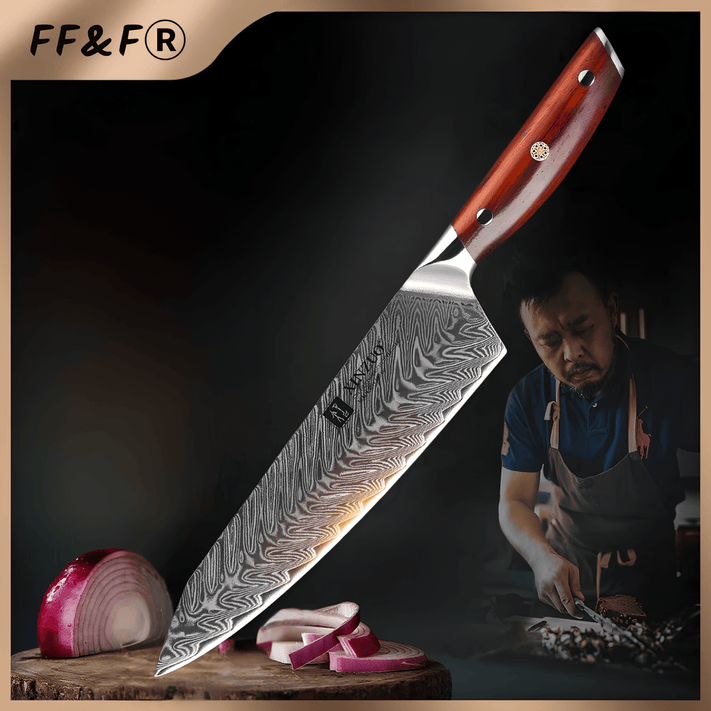 Faca de Chef 8,5” em Aço Damasco 67 Camadas com Cabo de Jacarandá - Forja Fogo&Faca