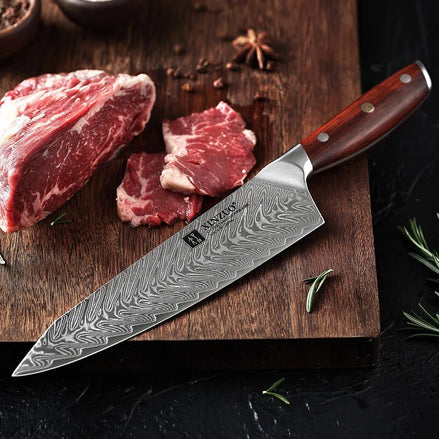 Faca de Chef 8,5” em Aço Damasco 67 Camadas com Cabo de Jacarandá - Forja Fogo&Faca