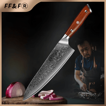 Faca de Chef 8,5" em Aço Damasco 67 Camadas com Cabo em Jacarandá Tratado - Forja Fogo&Faca