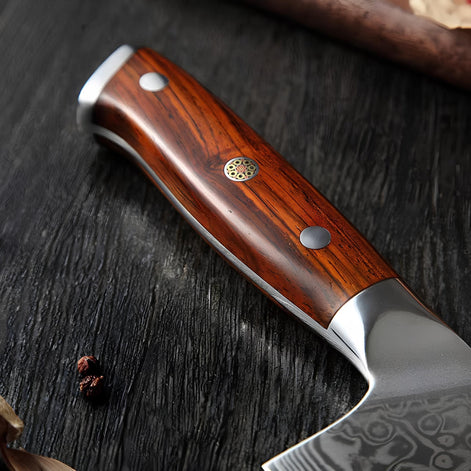 Faca de Chef 8,5" em Aço Damasco 67 Camadas com Cabo em Jacarandá Tratado - Forja Fogo&Faca