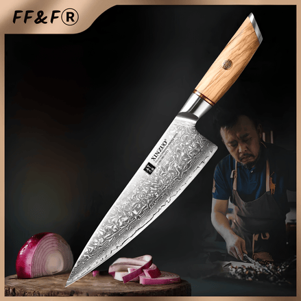 Faca de Chef 8.5" em Aço Damasco de 73 Camadas com Cabo de Madeira de Oliveira - Forja Fogo&Faca