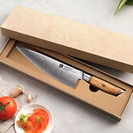 Faca de Chef 8.5" em Aço Damasco de 73 Camadas com Cabo de Madeira de Oliveira - Forja Fogo&Faca