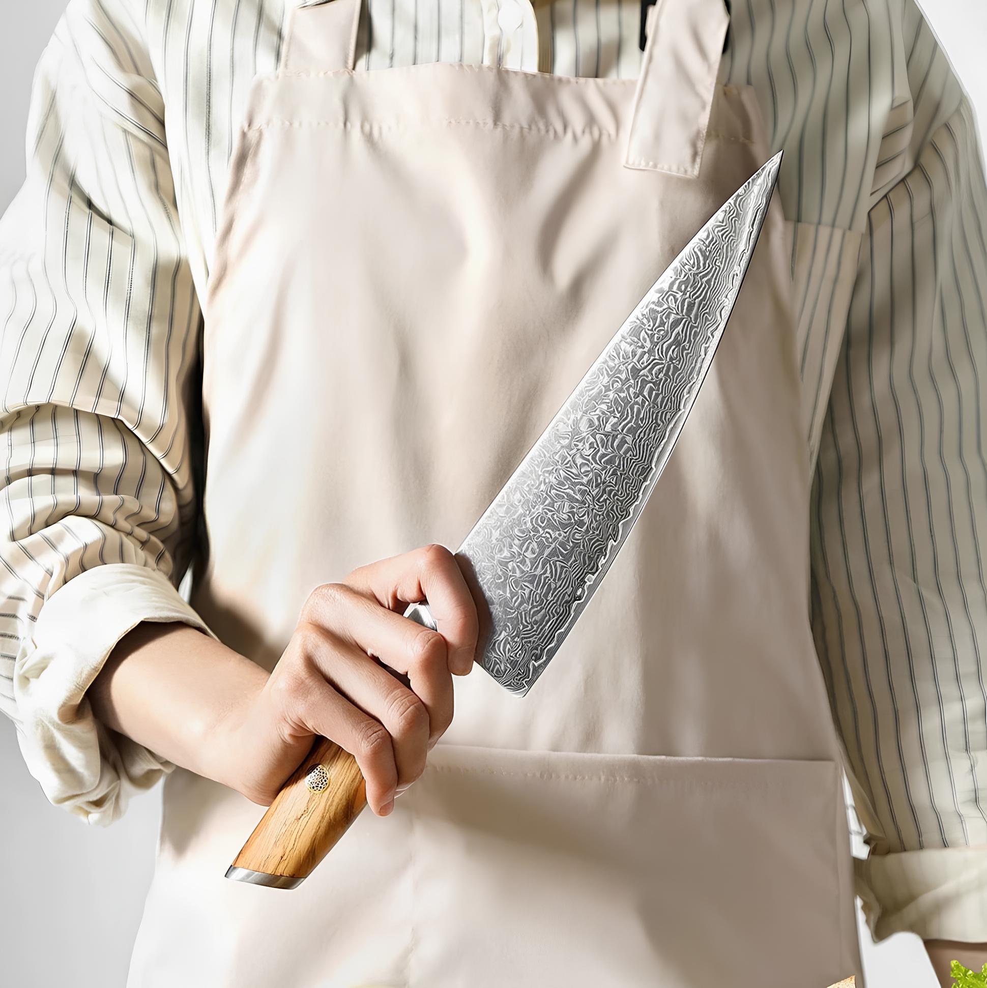 8.5″ Chef Knife in 73-Layer Damascus Steel with Olive Wood Handle